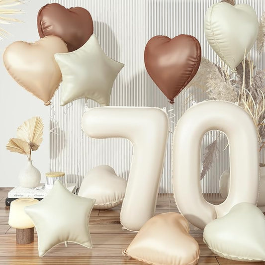 70th Birthday Balloons Set, Nude Brown Sand White Neutral Heart