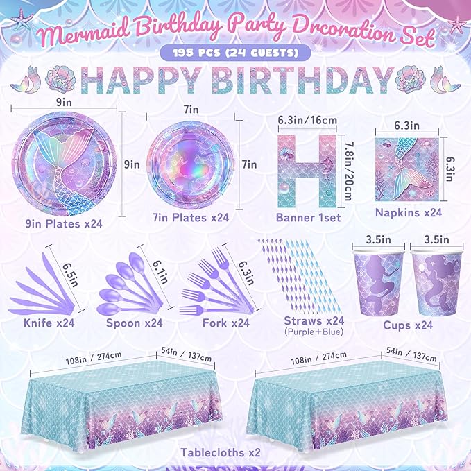 195Pcs Mermaid Birthday Party Decorations with Happy Birthday Banner
