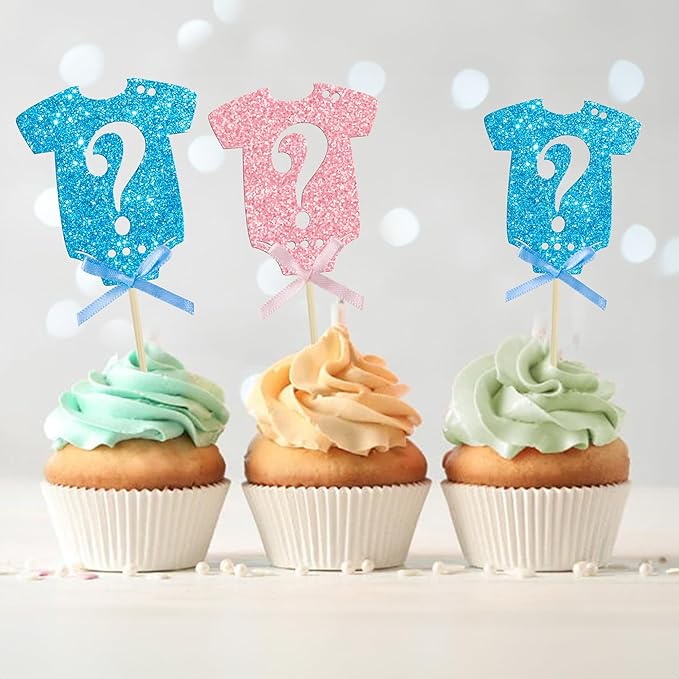 Ephlyn 24Pcs Gender Reveal Cupcake Toppers Glitter Pink Blue Bow