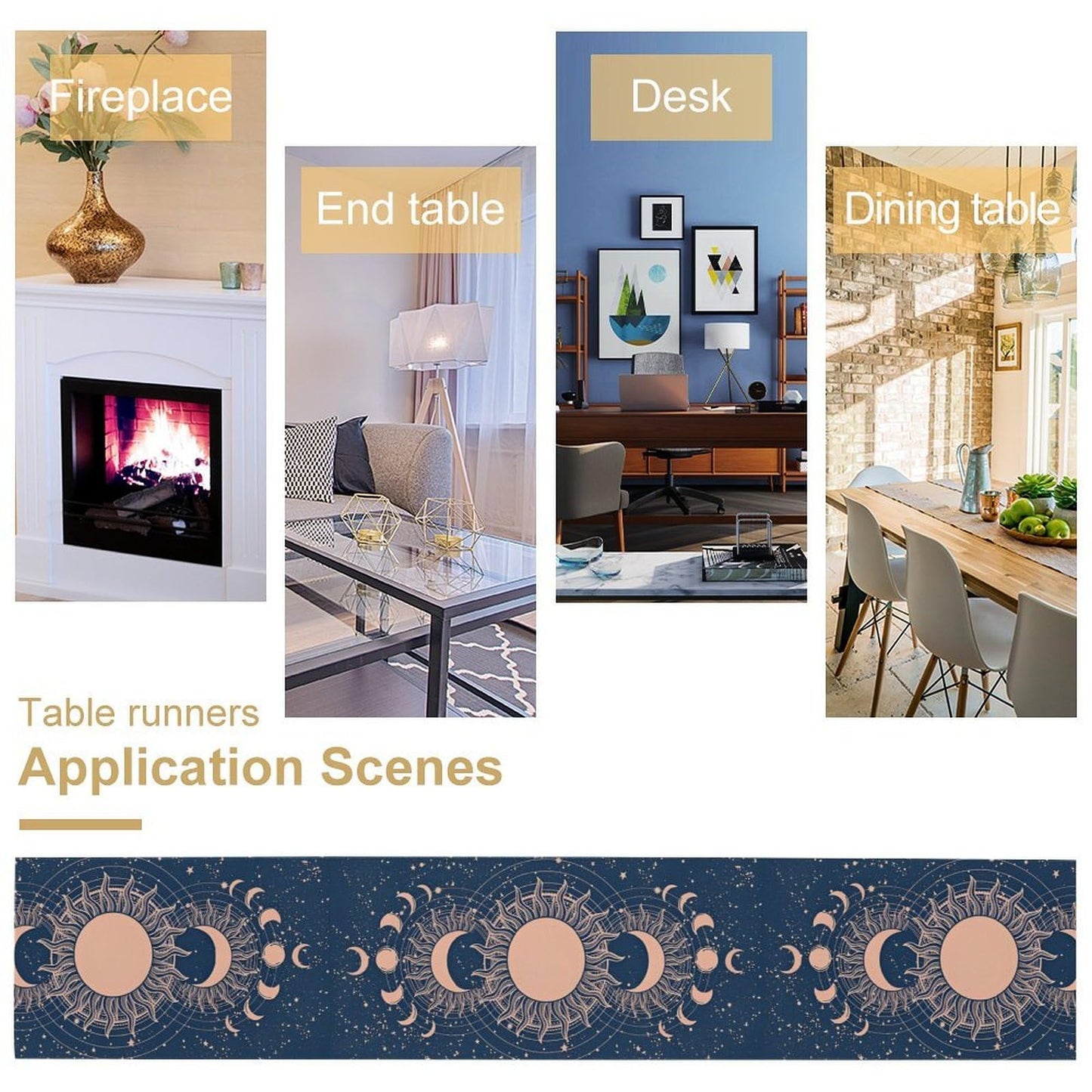Moon Sun Table Runner, Mystical Blue Space Galaxy W13"x L60" Moon Sun