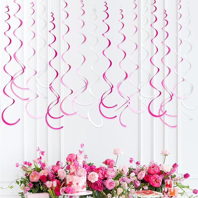 36 Pcs Hot Pink Hanging Swirl Decorations Ombre Pink White Felt Swirl
