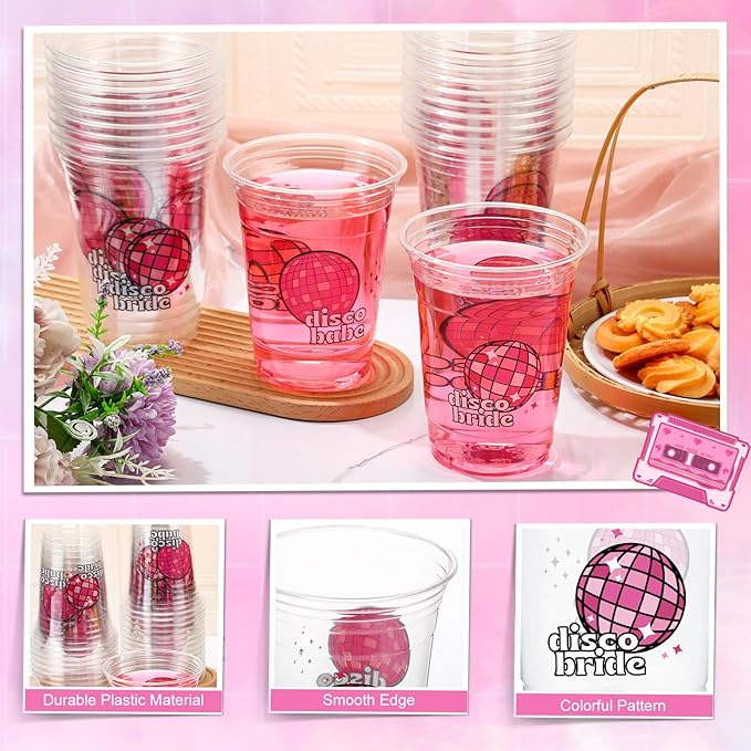 100 Pcs Pink Disco Ball Bachelorette Party Cups 16 oz Clear
