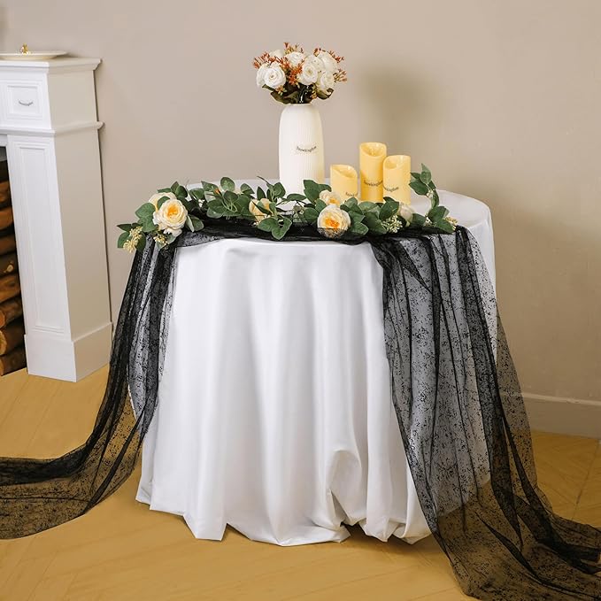 Snowkingdom Black Table Runner, 10FT Sheer Tulle Gauze Metallic Mesh