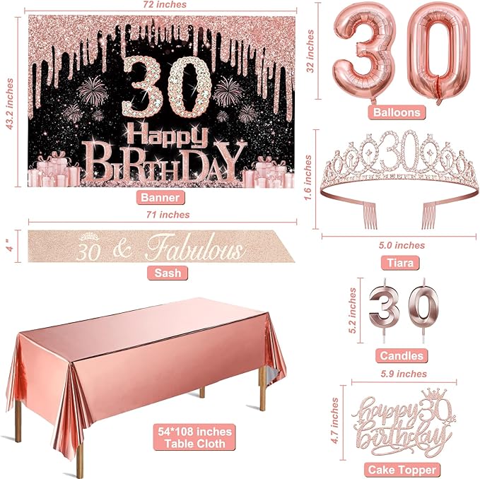 30th Birthday Decorations for Her with Banner Rose Gold Tablecloth
