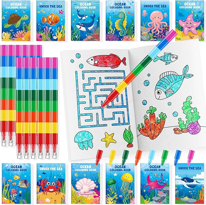 24 Under the Sea Mini Coloring Books Kids with 24 Stacking Crayons
