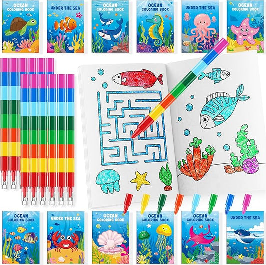 24 Under the Sea Mini Coloring Books Kids with 24 Stacking Crayons