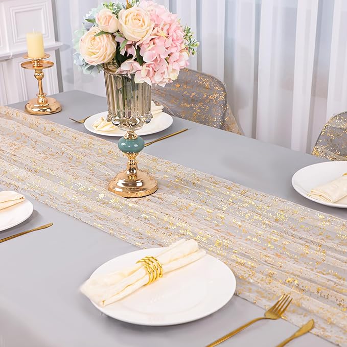 Snowkingdom 3Pcs 10Ft Gold Table Runners, Sheer Gauze Chiffon