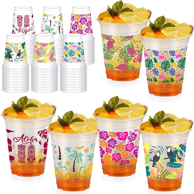 60 Pack Hawaiian Party Luau Tiki Cups 12 oz Disposable Plastic Cups