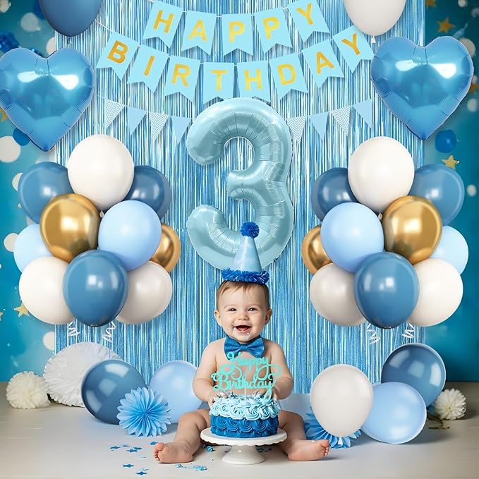 3rd Birthday Decorations Blue White Gold 3rd Birthday Balloons with