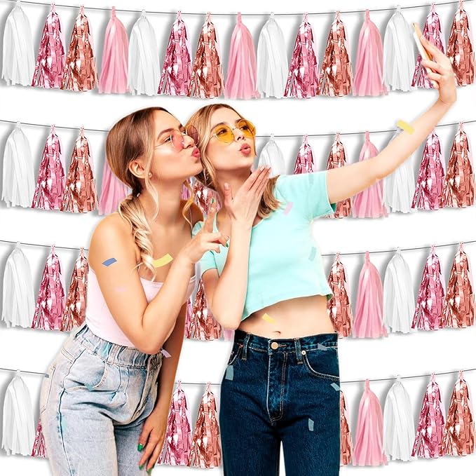 4P Rose-Gold Pink White Foil Fringe Tassel Banner Garland Metallic