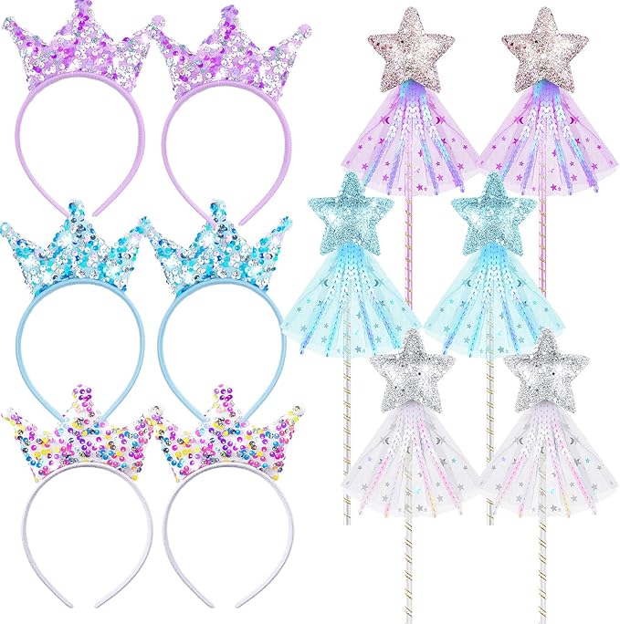 12 Pcs Princess Party Favors Star Shaped Wands and Sequin Crown