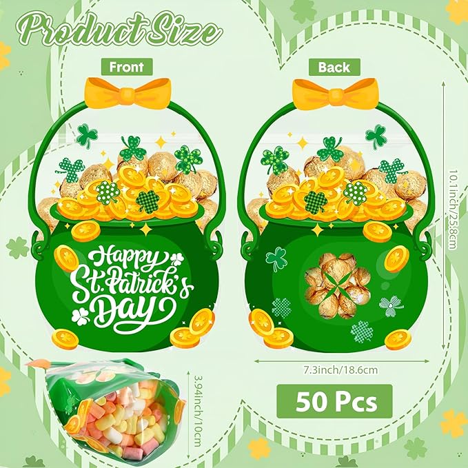 50 Pcs St Patrick's Day Gift Bags Green Cauldron Plastic Pouches