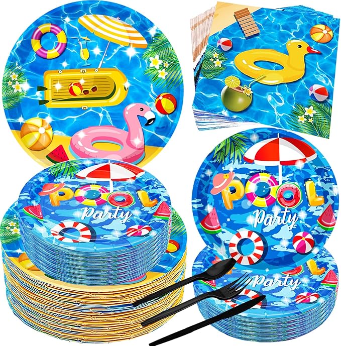 150Pcs Pool Party Supplies Set 9 & 7 Plates Napkins Knives Forks