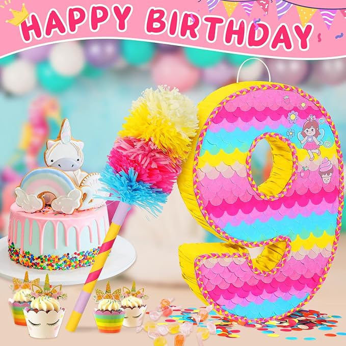 Number 9 Pinata for Birthday Party Decorations Unicorn Mermaid Theme