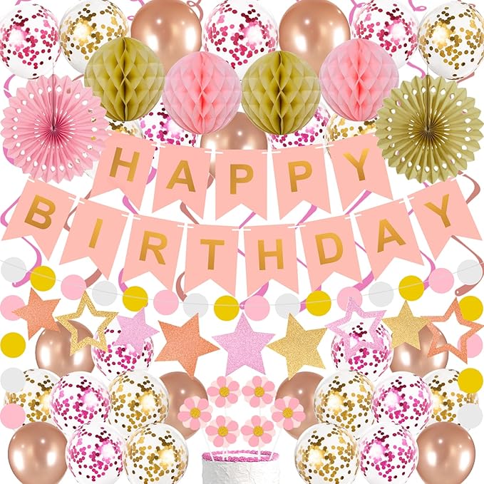 65Pcs Birthday Decorations Happy Birthday Banner Pink Rose Gold