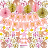 65Pcs Birthday Decorations Happy Birthday Banner Pink Rose Gold