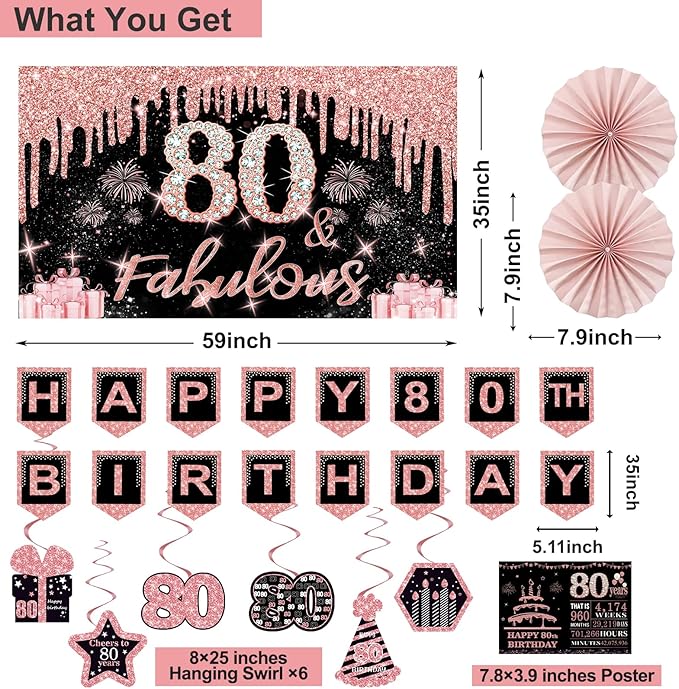 80th Birthday Decorations for Women 32PCS 80th Birthday Party