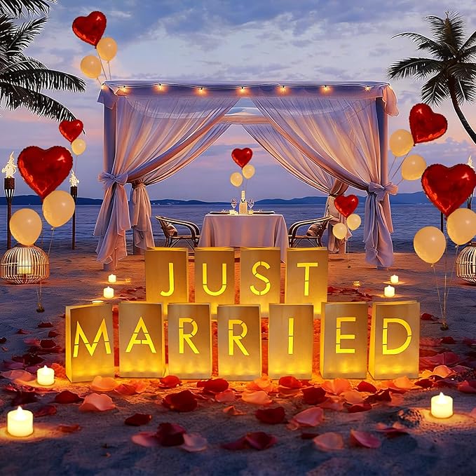Just Married Luminary Paper Bags with LED Tea Lights Flameless