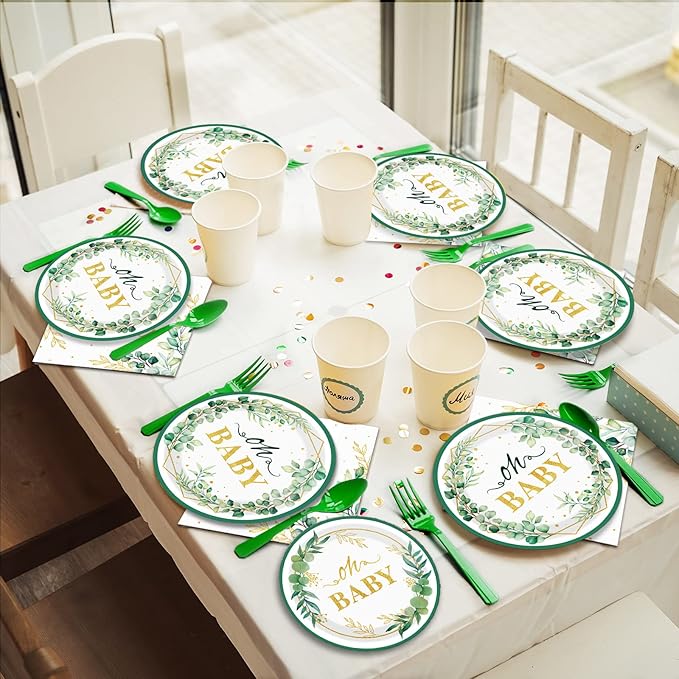 96PCS Sage Greenery Oh Baby Tableware Set Baby Shower Dinnerware