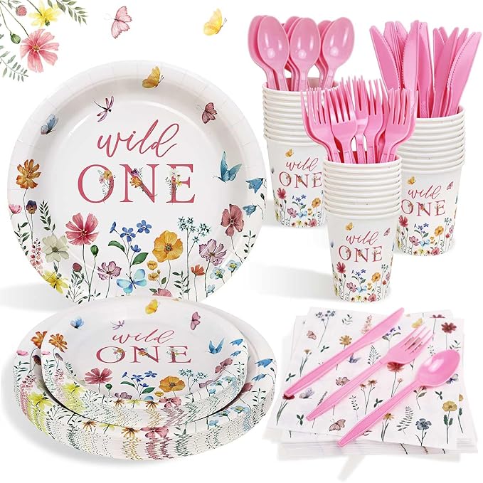 Wild and Onederful 1st Birthday Girl Plates Set 25 Guests Spring