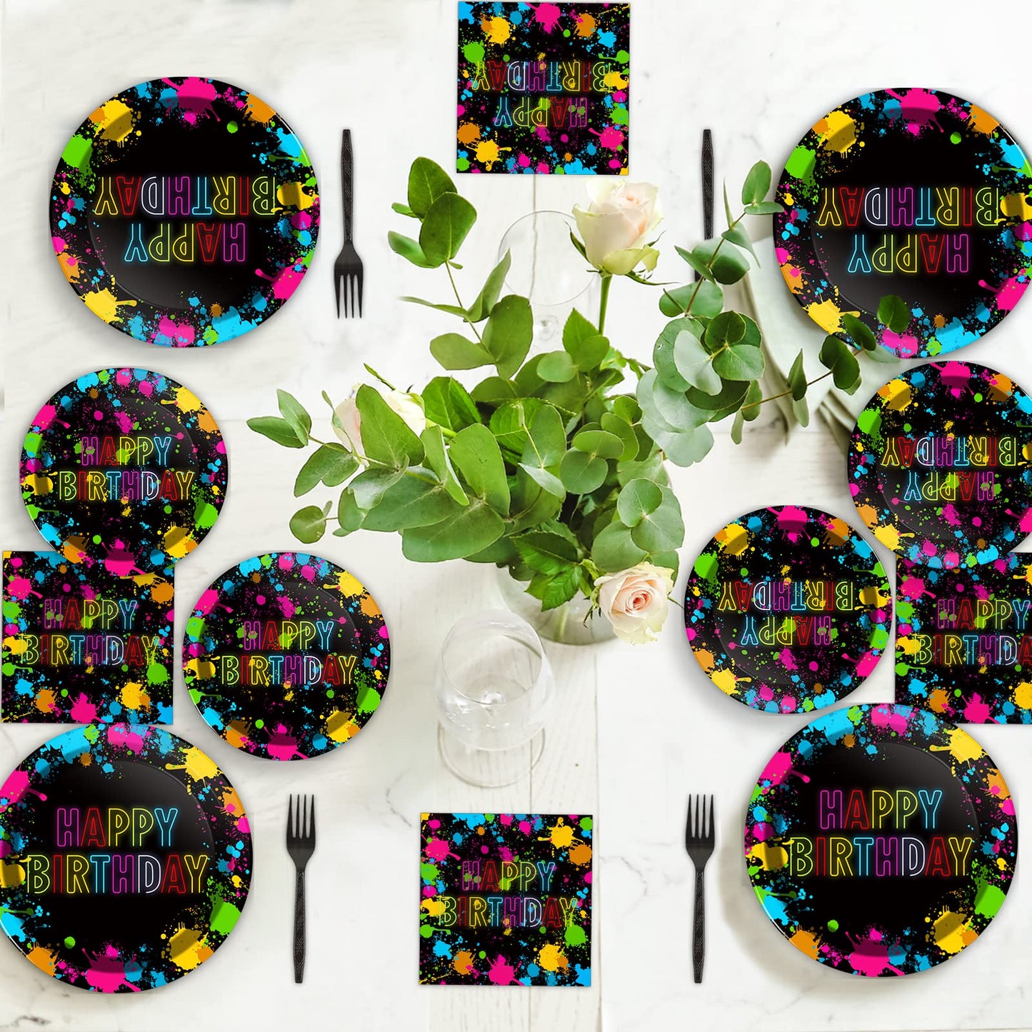chiazllta 96 Pcs Neon Party Paper Plate and Napkins Neon Birthday