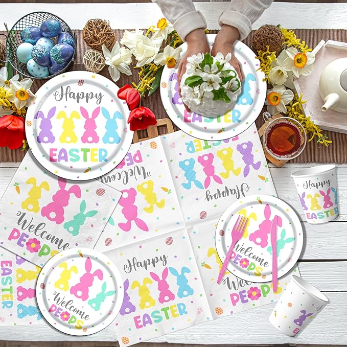 Easter Party Tableware 142pcs Bunny Easter Paper Plates and Napkins