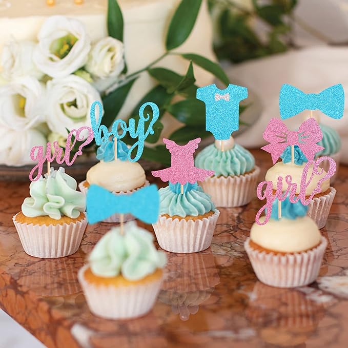 24 Pack Boy or Girl Cupcake Toppers Pink and Blue Glitter Baby