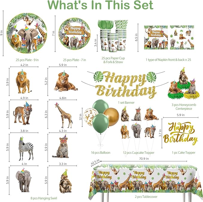 201pcs Safari Birthday Decorations Tableware Set 25 Serves Safari