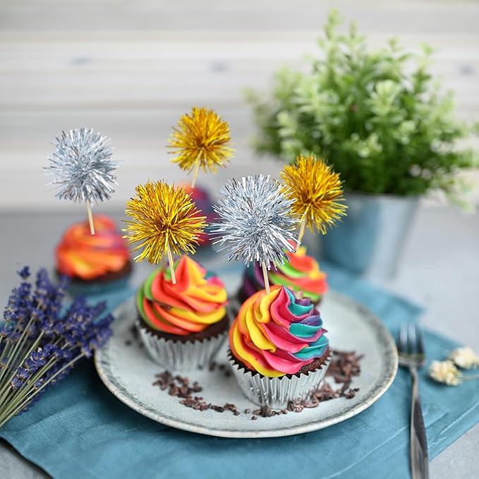 Gyufise 30Pcs Foil Firework Cupcake Toppers Sparkle Tinsel Cake #33