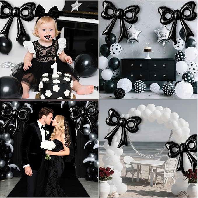 Black Happy Birthday Balloons, 31”Huge Black Bow Aluminum Foil