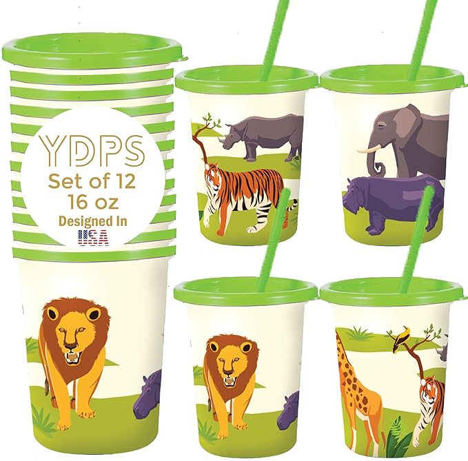 Safari Party Decorations Set of 12 Zoo Animal Cups with Lids and
