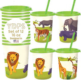 Safari Party Decorations Set of 12 Zoo Animal Cups with Lids and
