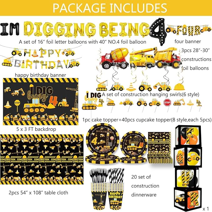 348 Pcs Construction 4th Birthday Decorations Dump Truck Four Years