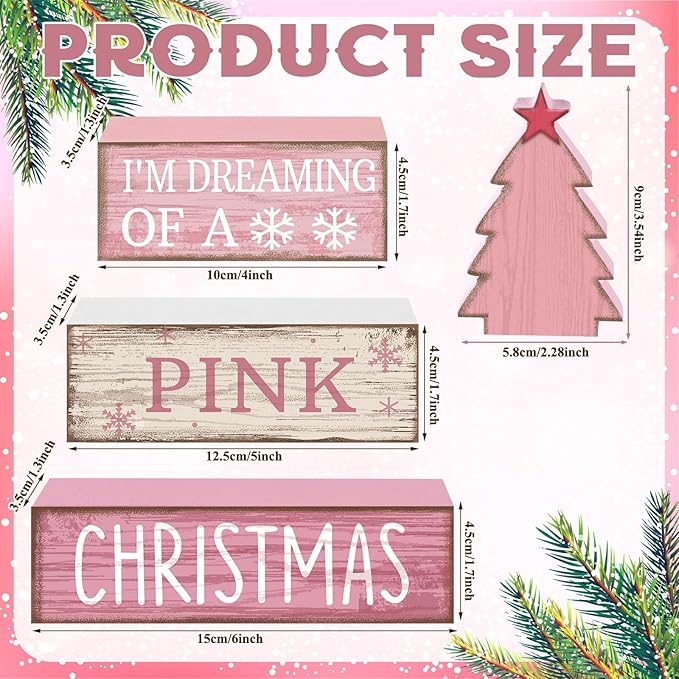 4 Pcs Christmas Table Decoration Wooden Pink Christmas Tree