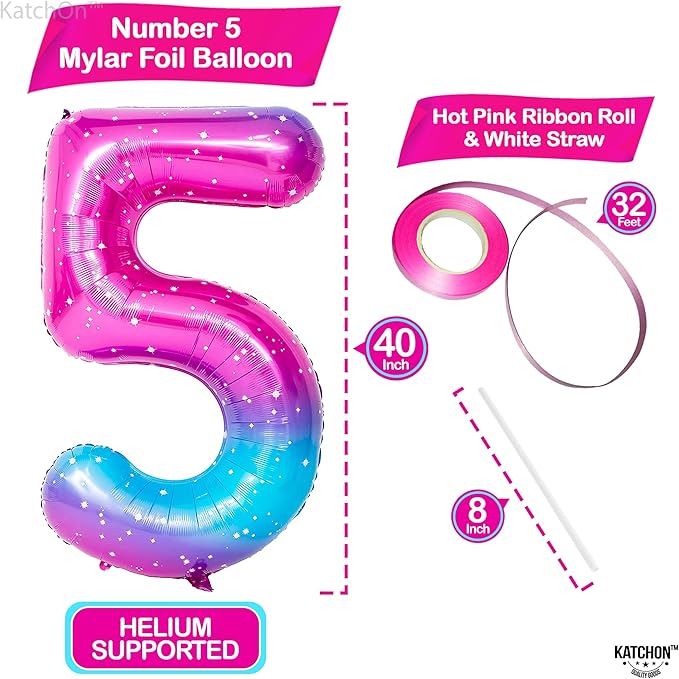KatchOn, Rainbow Number 5 Balloon - Giant, 40 Inch | Pink Blue Number