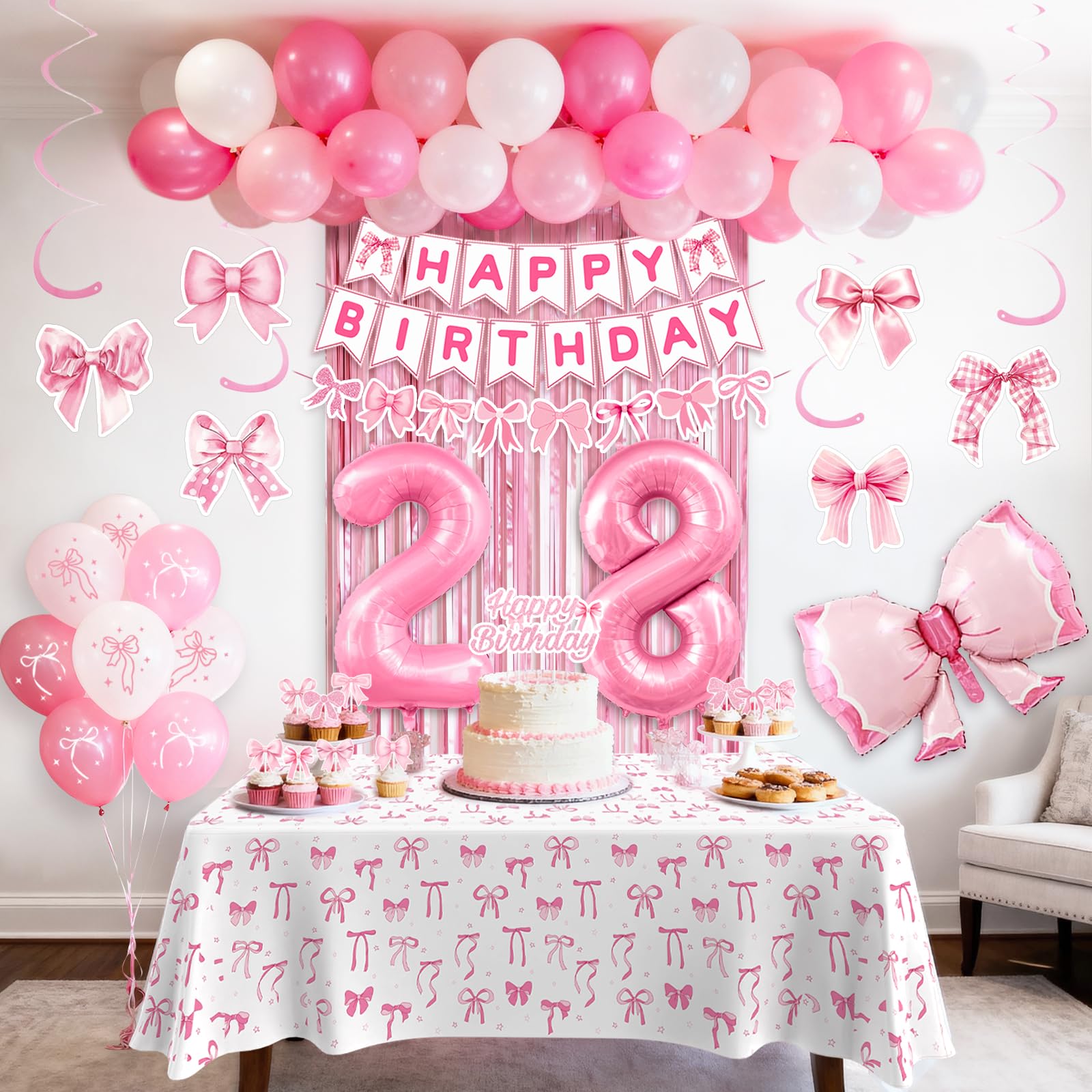28th Pink Birthday Decorations for Women, Pink Bow Coquette Birthday