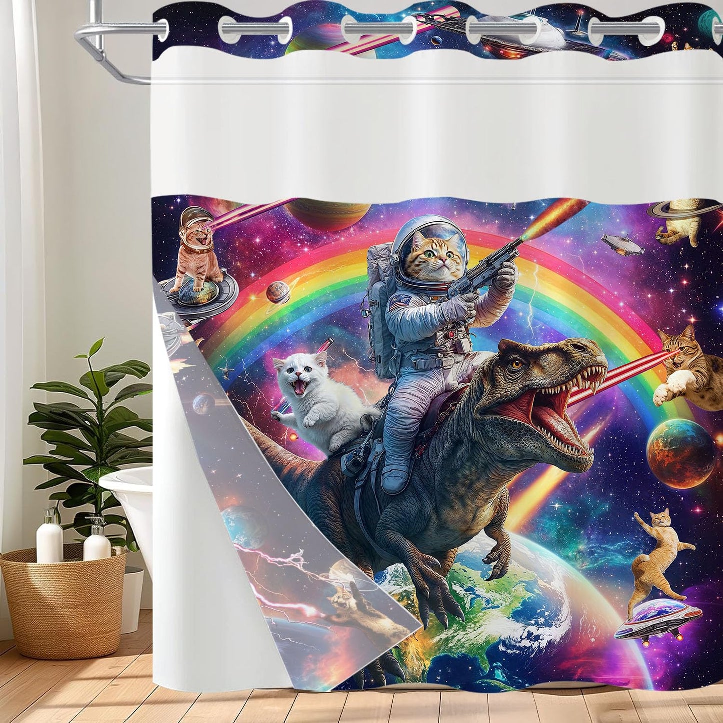 Fowocu No Hook Shower Curtain with Snap in Liner Funny Cat Dinosaur