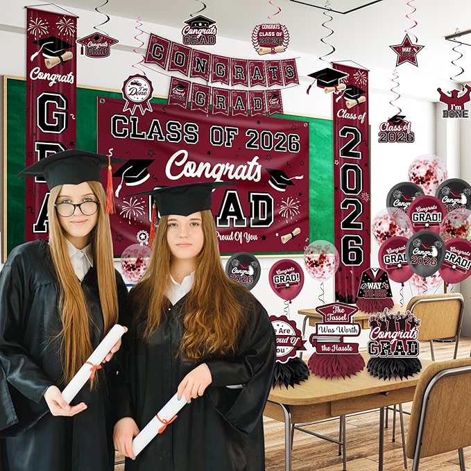 Graduation Decorations 2026 Maroon Graduation Party Decor Set include