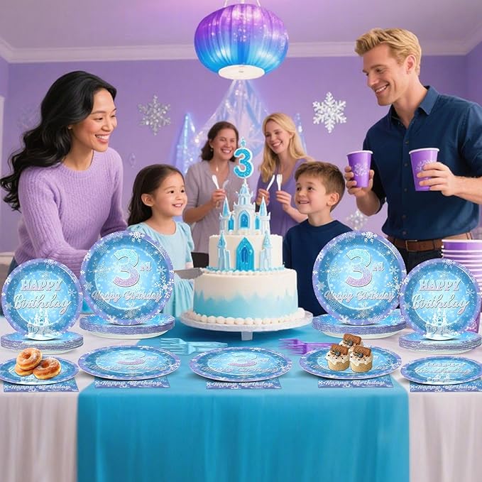 Snowflake Winter Wonderland 3rd Birthday Paper Plates Napkins Forks
