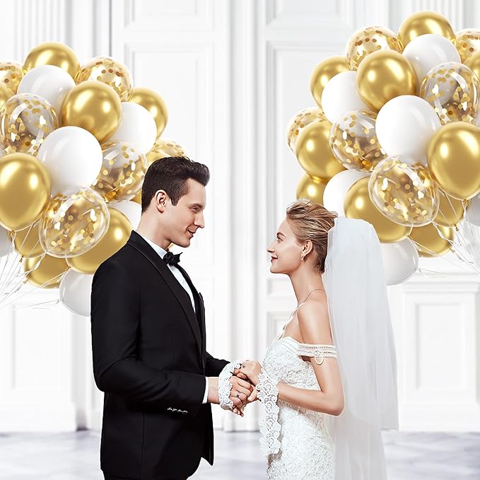 60pcs Gold and White Balloons 12inch, White and Gold Balloons with