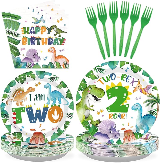 96Pcs Dinosaur 2nd Birthday Party Supplies Two Rex Dinosaur Plates