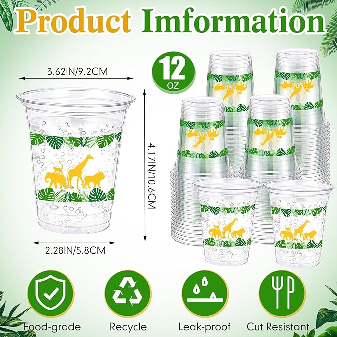 60 Pack Jungle Safari Animals Cup 12 oz Wild Animals Disposable