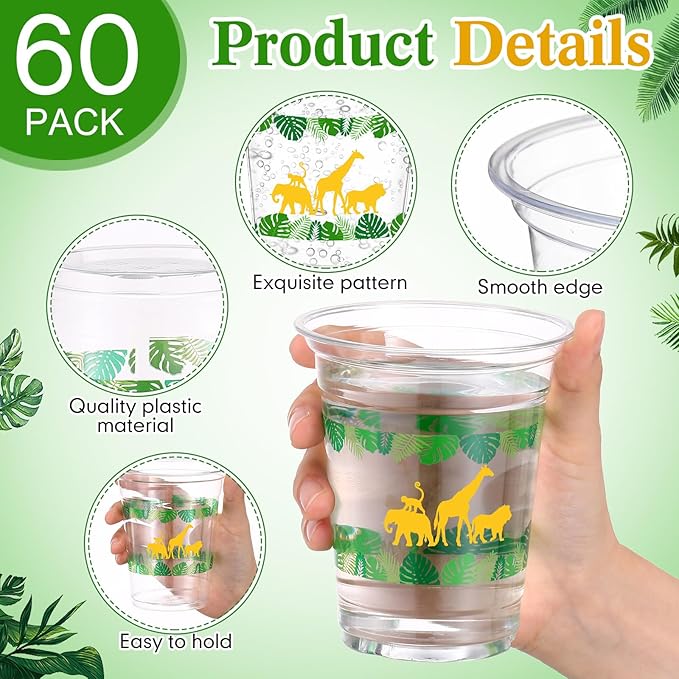 60 Pack Jungle Safari Animals Cup 12 oz Wild Animals Disposable
