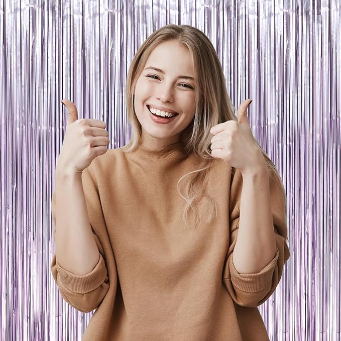 Voircoloria 3 Pack 3.3 x 8.2 ft Light Purple Foil Fringe Backdrop