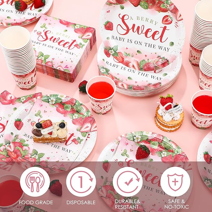 200 Pcs Strawberry Baby Shower Paper Plates Napkins Cups Baby Shower