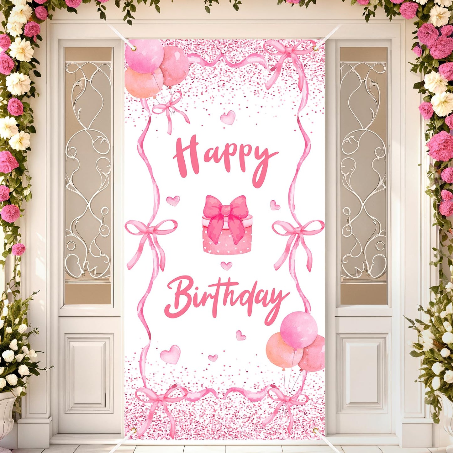 Pink Bow Birthday Door Banner Coquette Birthday Party Decorations Pink