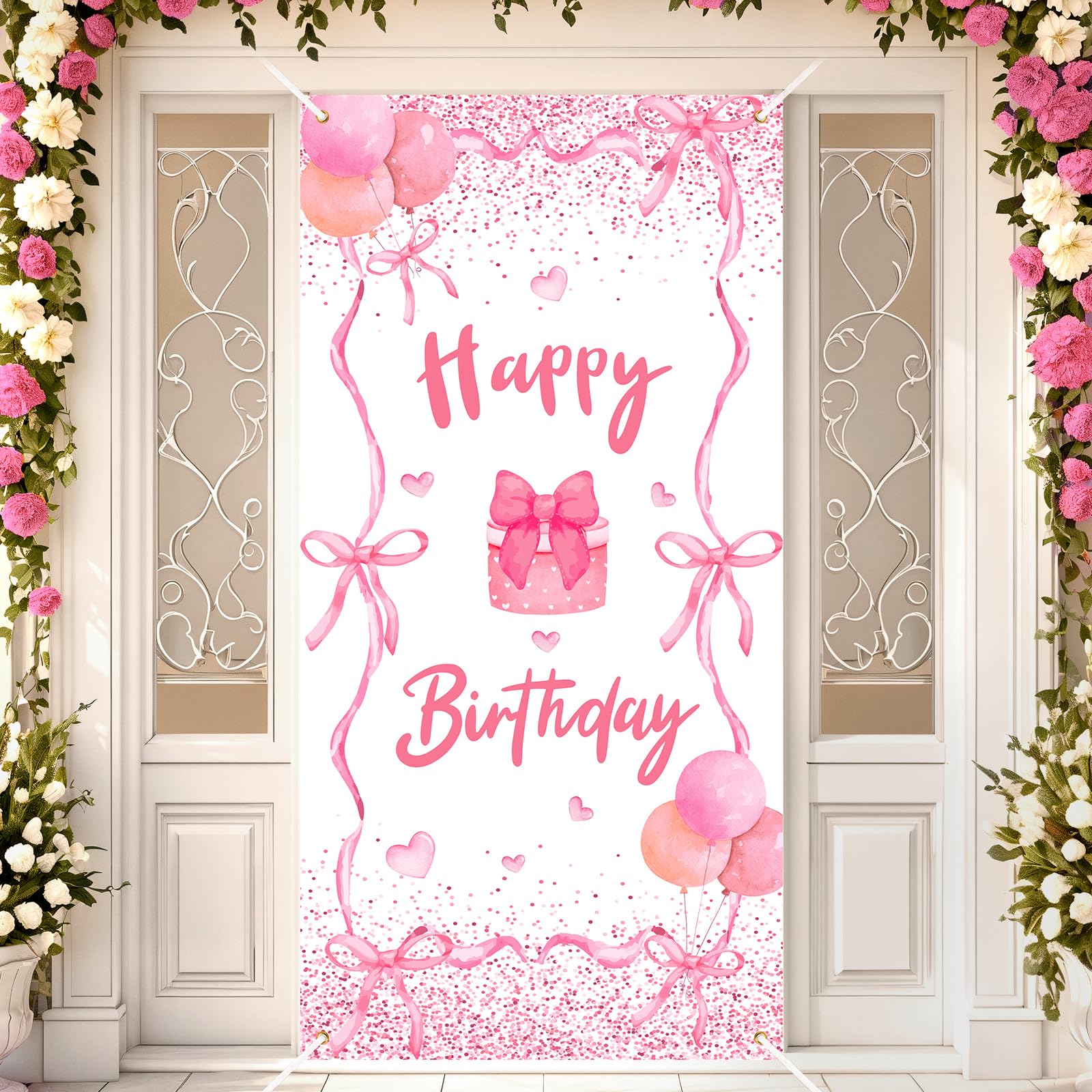 Pink Bow Birthday Door Banner Coquette Birthday Party Decorations Pink