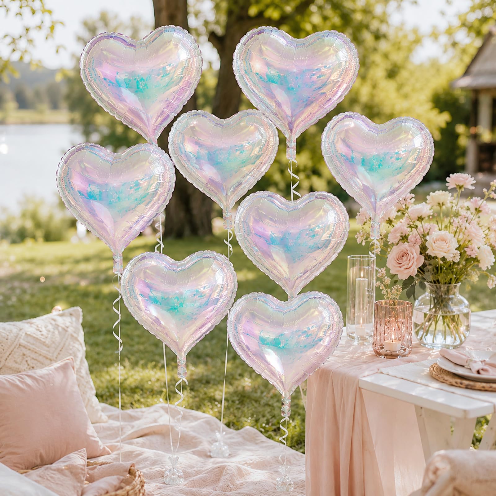 Iridescent Heart Balloons, 10 Pcs 18 Inch Transparent Holographic Foil
