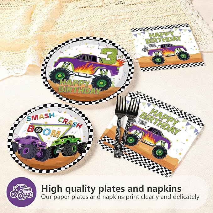 96 Pcs Monster Theme Truck 3rd Birthday Party Supplies Green Purple