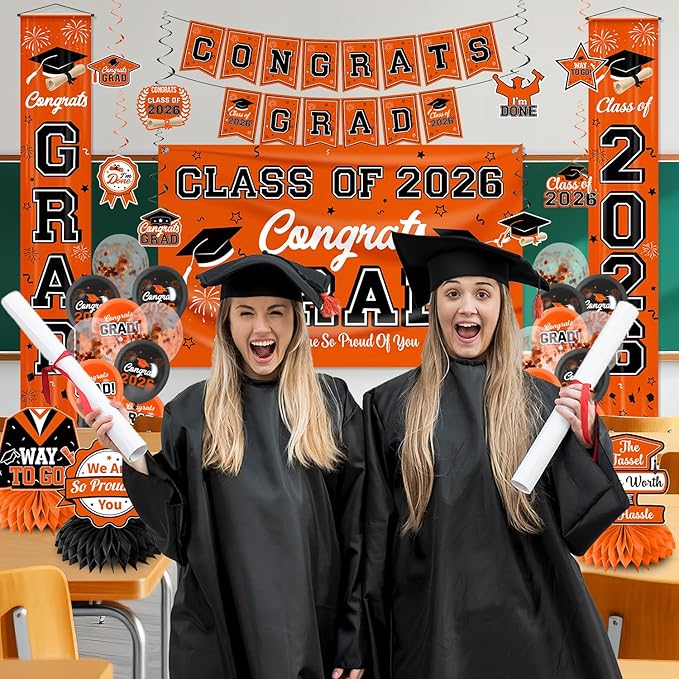 Graduation Decorations 2026 Orange Graduation Party Decor Set include
